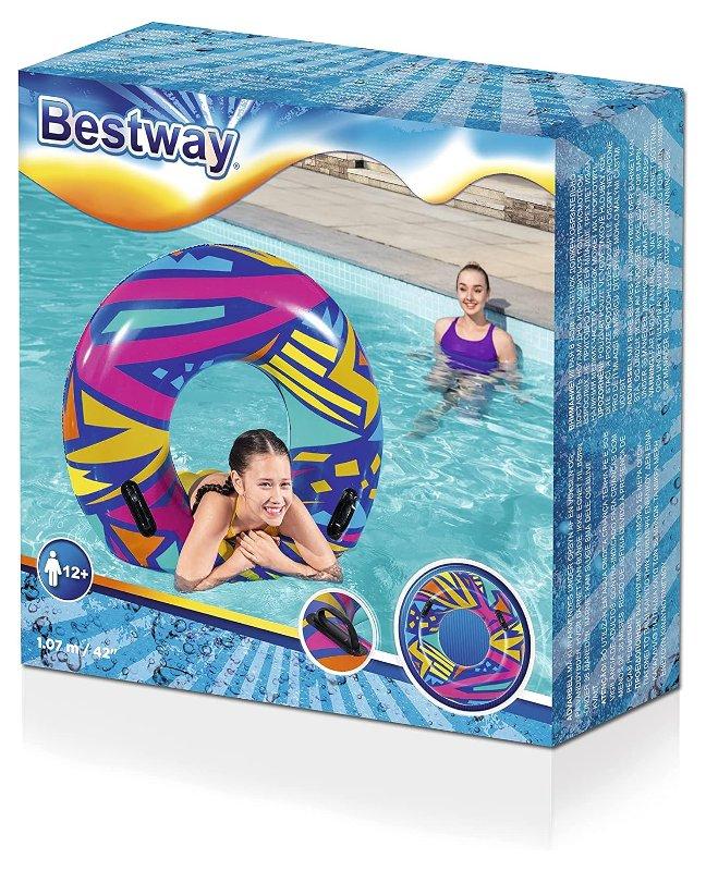 Bestway Salvagente geometrico Diametro 1,07 m(Contenuto: un salvagente, una toppa di riparazione resistente) Eta' consigliata: 12+; Grafica in stile retro' con colorazioni luminose; Maniglie resistenti. Best Way (gonfiabile)