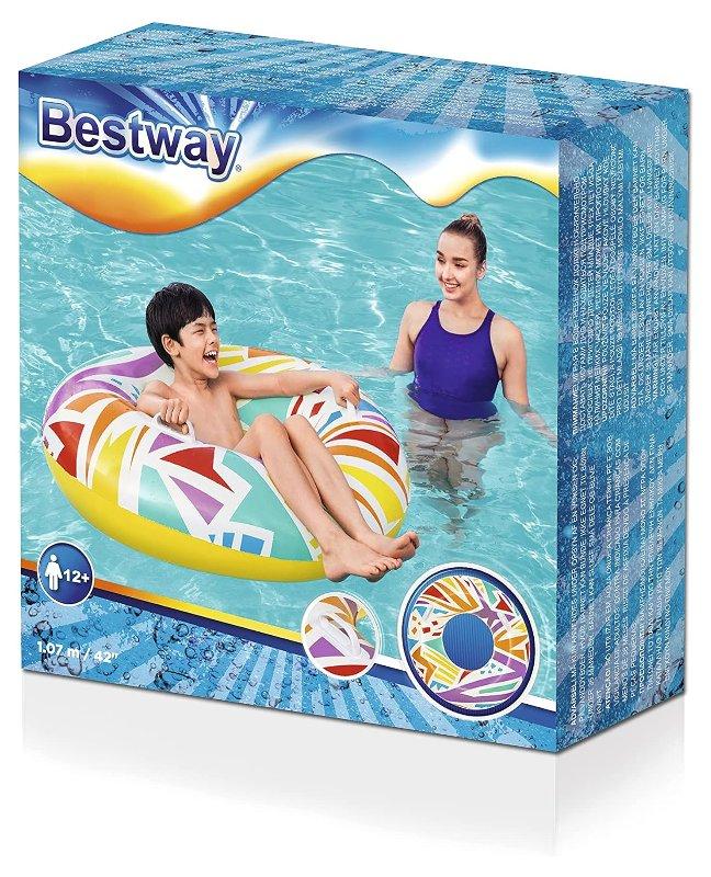 Bestway Salvagente geometrico Diametro 1,07 m(Contenuto: un salvagente, una toppa di riparazione resistente) Eta' consigliata: 12+; Grafica in stile retro' con colorazioni luminose; Maniglie resistenti. Best Way (gonfiabile)