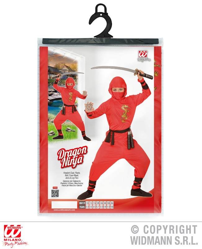 RED DRAGON NINJA (casacca con cappuccio. pantaloni. cintura. mascherina. fasce per braccia e gambe) (128 cm / 5-7 Years) widmann