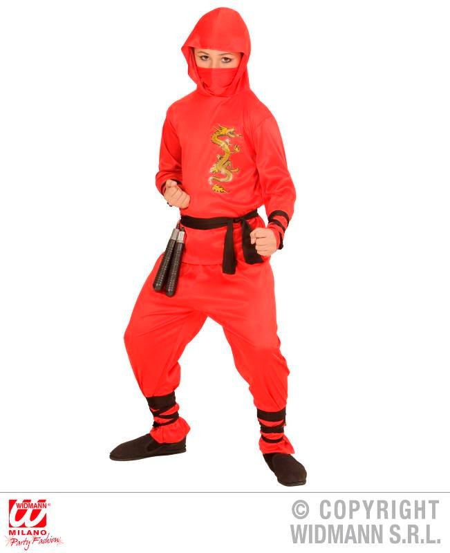 RED DRAGON NINJA (casacca con cappuccio. pantaloni. cintura. mascherina. fasce per braccia e gambe) (128 cm / 5-7 Years) widmann