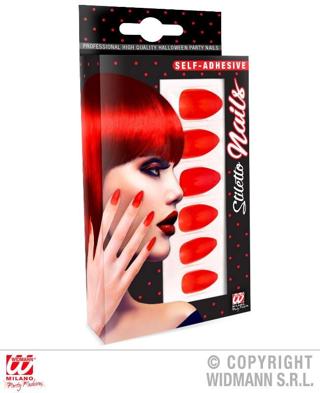 Set da 12 UNGHIE STILETTO ROSSE AUTO-ADESIVE widmann