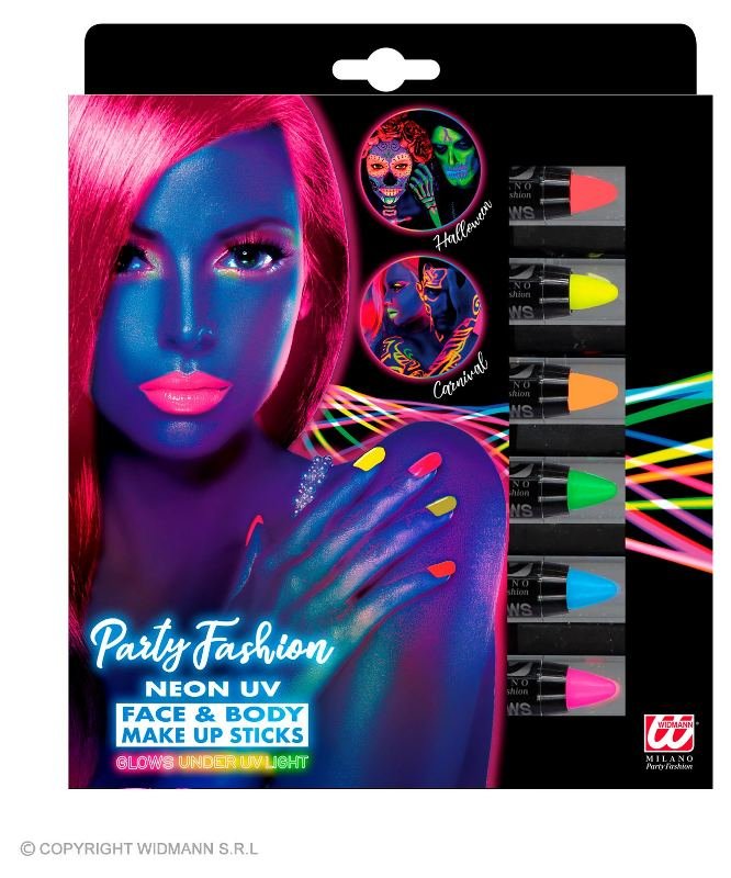 Set da 6 MATITE TRUCCO FLUORESCENTI IN SCATOLA CON FINESTRA (2 rosa fluo. 1 giallo. 1 arancione. 1 verde. 1 blu) - 21 ml widmann