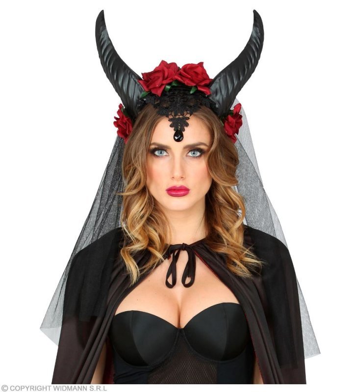 VELO SPOSA CON CORNA. ROSE. PIZZO E GEMMA NERA widmann