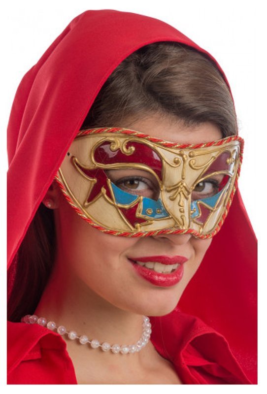 MASCHERA VENEZIANA IN PLASTICA CON DEC.ROSSE E AZZURRE C/PASSAMANERIA SU carnival-toys