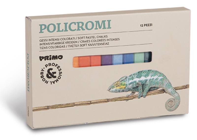 12 gessi policromi tipo quadrato, con fascetta autoadesiva, in scatola cartone morocolor