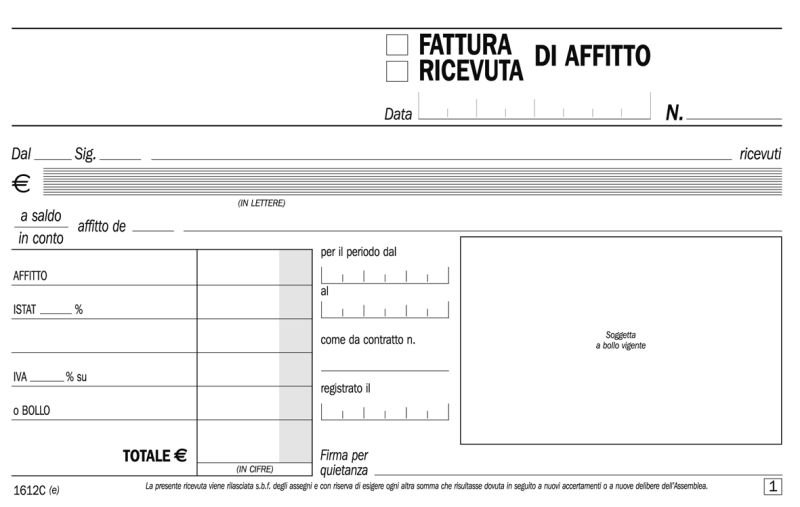 Ricevute - Fatture di affitto, blocco di 50/50 copie autoricalcanti (Misura 10x16,8 cm) Data Ufficio (Buffetti)