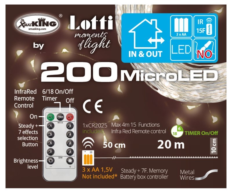 Catena M-IR 200 MicroLED BIANCO CALDO 1,5mm Telecomando IR 15 Funzioni On-Off 8G Luminosita' Variabile Timer a Batteria Esterno Cavo Metal Argento 0,5+20m lotti