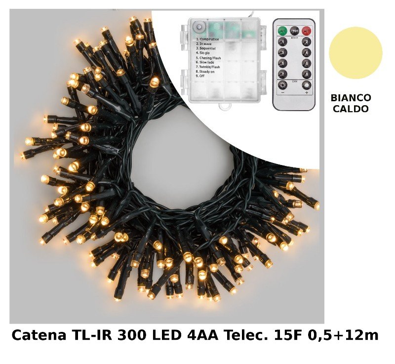 Catena TL-IR 300 LED BIANCO CALDO 5mm Telec. IR 15F On-Off 8G Luminosita' Variabile Timer 8-16 ore a Batteria 4xAA Esterno Cavo Verde 0,5+12m lotti