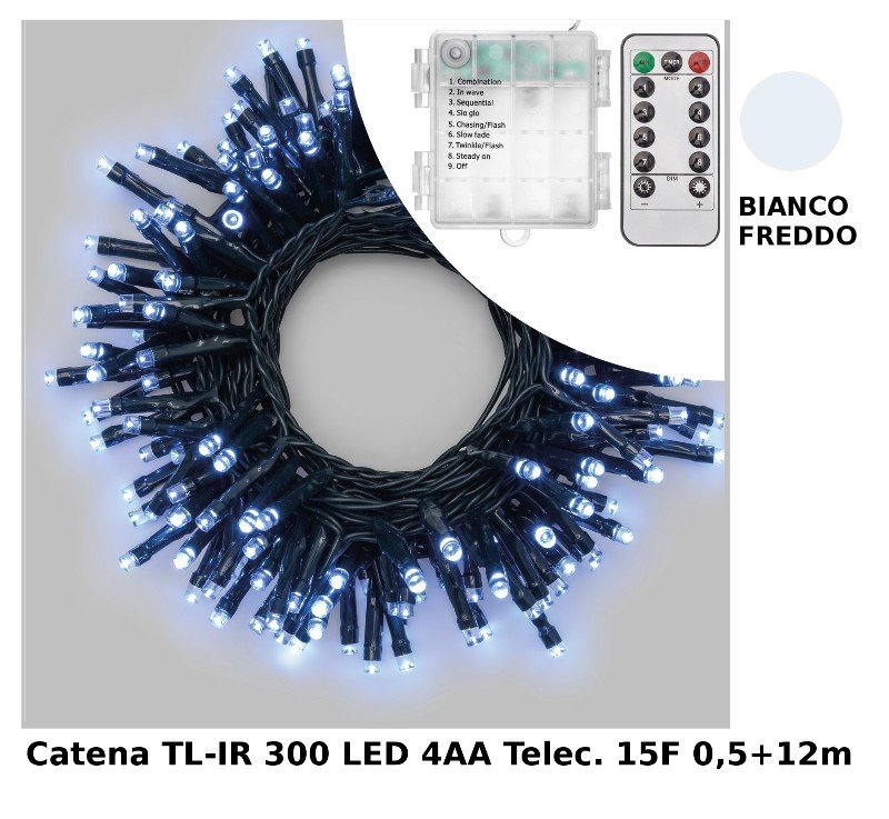 Catena TL-IR 300 LED BIANCO 5mm Telec. IR 15F On-Off 8G Luminosita' Variabile Timer 8-16 ore a Batteria 4xAA Esterno Cavo Verde 0,5+12m lotti