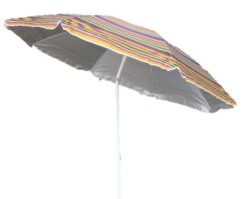 Ombrellone 180 cm, 8 stecche in acciaio. Palo 25 mm in acciaio con snodo.Tessuto Oxford con spalmatura in argento interna. Fantasie a righe. GLG Distribuzione Srl (ex MinutoSalomone)