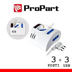 Multipresa 3pos tavolo bipasso + bip/schuko + USB sp16A +int Life