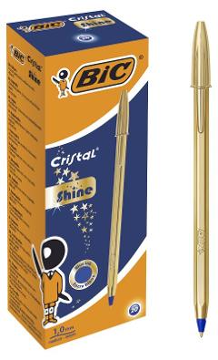 CONFEZIONE 20 PENNE CRISTAL SHINE AD INCHIOSTRO BLU CORPO PENNA ORO bic