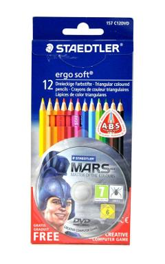 Confezione 12 matite colorate a sezione ergonomica triangolare, superficie morbida antiscivolo e protezione ABS anti-rottura (guaina bianca che avvolge la mina staedtler