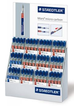 Mars micro carbon, espositore con 144 astucci da 12 mine grafite assortite nei tratti 0,5 e 0,7 mm: pz 72 x 05 HB; pz 12 x 05 B - 2B - H - 2H; pz 24 x 07 HB staedtler