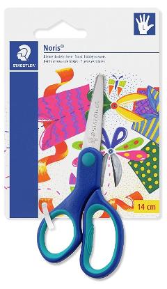 Forbice per mancini da 14 cm, con lame inox; in blister; ideale per bambini, con punte arrotondate e impugnatura ergonomica. staedtler