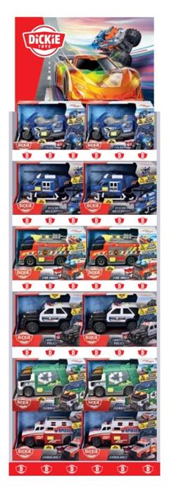 City Heroes Display Mini contenuto: 203302028 City Heroes Camion Pompieri cm.15 con luci e suoni 12 pz203302031 City Heroes Moto Police cm. 15 con luci e suoni 6 pz203302029 City Heroes Camion Ecologia cm.15 con luci e suoni 6 pz Simba