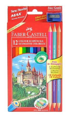 Astuccio 12 colori a matita ecologici con 3 matite bicolore e un temperino faber-castell