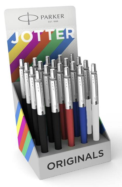 Espositore PARKER Jotter Plastic con 20 penne assortite per colore 8 Nere, 4 Rosse, 4 Bianche e 4 Blu Elmer's (distr. Neweel)