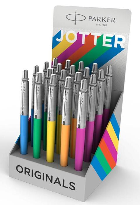 Espositore PARKER Jotter Plastic con 20 penne assortite 4 per colore Magenta, Arancione, Verde, Giallo, Blu Elmer's (distr. Neweel)
