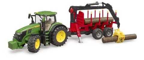 Trattore John Deere 7R 350 con benna e rimorchio trasporto tronchi bruder