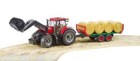 Trattore Case IH Optum 300 CVX con benna e rimorchio porta balle fieno bruder