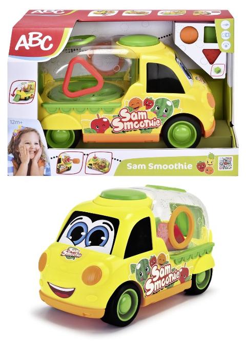 Sam Smoothie funzionamento a ruota libera, forme e incastri, tre formine con sonaglio da inserire, premendo il bottone si attiva effetto mixer, portellone posteriore apribile Simba