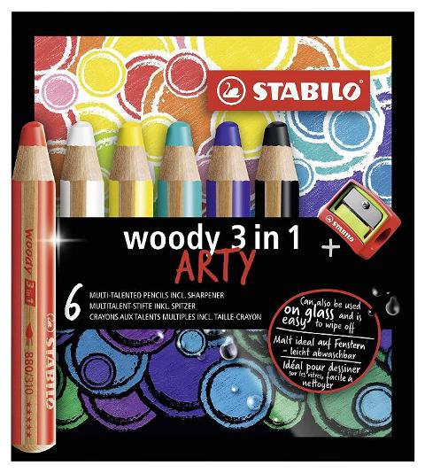 STABILO woody 3in1 astuccio in cartone ARTY da 6 colori ass. + temperino stabilo