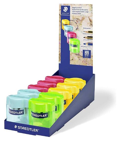 Temperamatite a 2 fori x 3 formati, in 4 colori, con contenitore per trucioli; per matite normali, jumbo e super jumbo con fusto da Diametro  8,2 mm a max 11,2 mm; Confezione da 10 pezzi in colori assortiti. staedtler