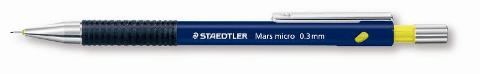 Mars micro, portamine per scrittura e disegno con punta ad ago rientrante; impugnatura antiscivolo in caucciu'; gommino sostituibile; disponibile nei tratti: 0,3 - 0,5 - 0,7 - 0,9 mm. staedtler