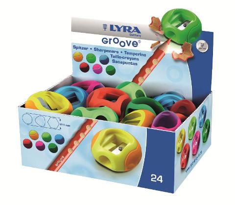 Temperamatite Groove a un foro in plastica, disponibile in colori assortiti. Ideale per matite e pastelli diametro 11mm - Confezione da 24 pezzi fila