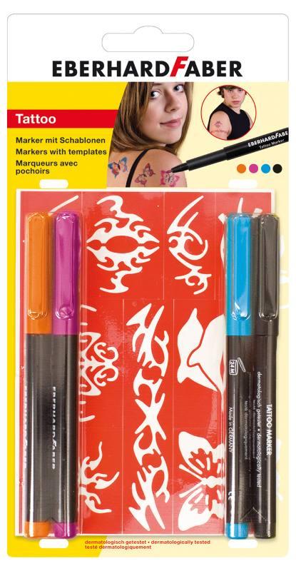 Set 4 pennarelli marcatori per tatuaggi colorati con stencil faber-castell