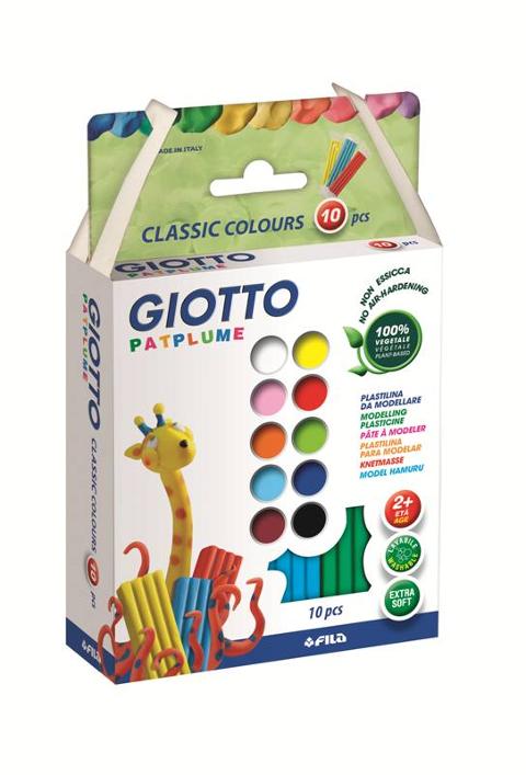 Confezione 10 panetti da 20 g di Giotto Patplume nei colori classici. All'interno della confezione e' contenuto anche un sacchetto salvapatplume per riporre e conservare il prodotto. fila