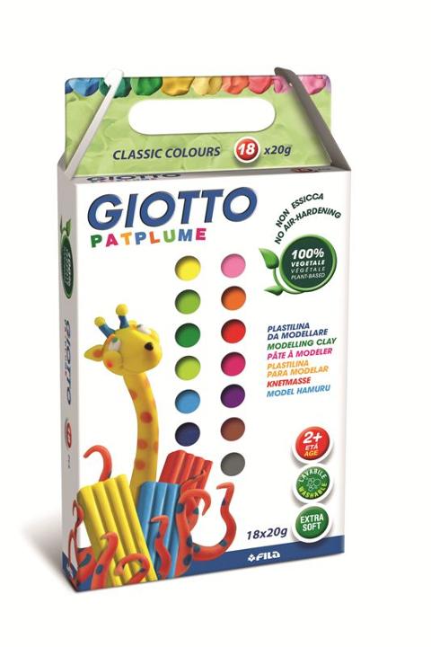 Confezione 18 panetti da 20 g di Giotto Paptlume nei colori classici e nei colori fluo. All'interno della confezione sono contenuti anche un coltellino e un sacchetto salvapatplume per riporre e conservare il prodotto. fila