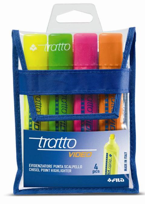 BUSTA 4 EVIDENZIATORI TRATTO VIDEO COLORI ASSORTITI - PUNTA A SCALPELLO fila