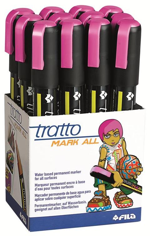 MARCATORE INDELEBILE TRATTO MARK ALL FUCSIA (FUXIA) FLUO - per tutte le superfici - confezione da 12 pezzi fila