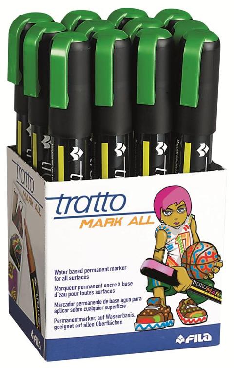 MARCATORE INDELEBILE TRATTO MARK ALL VERDE FLUO - per tutte le superfici - confezione da 12 pezzi fila