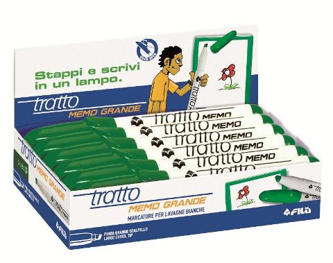 Marcatore punta scalpello con inchiostro cancellabile TRATTO MEMO PUNTA GRANDE COLORE VERDE - ESPOSITORE DA 12 PEZZI fila