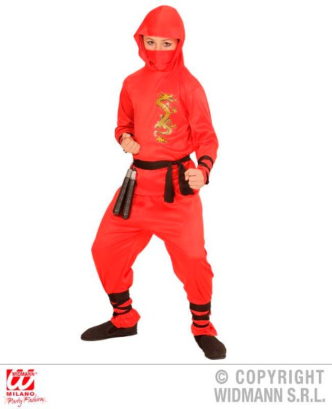 RED DRAGON NINJA (casacca con cappuccio. pantaloni. cintura. mascherina. fasce per braccia e gambe) (128 cm / 5-7 Years) widmann