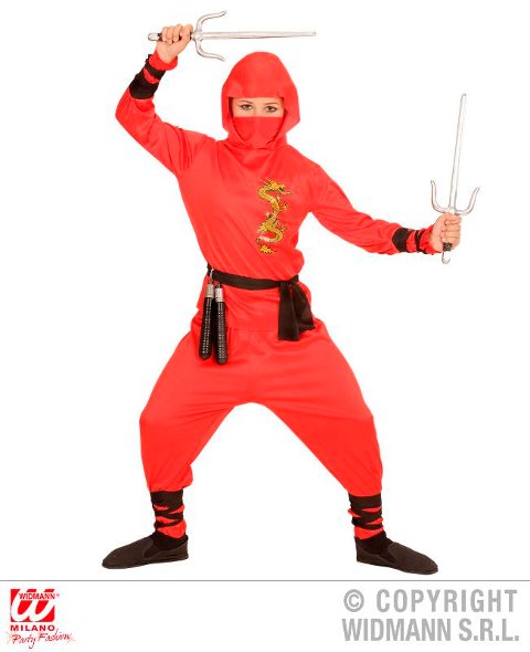 RED DRAGON NINJA (casacca con cappuccio. pantaloni. cintura. mascherina. fasce per braccia e gambe) (128 cm / 5-7 Years) widmann