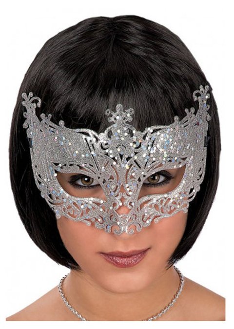 MASCHERA IN PLASTICA CON GLITTER ARGENTO IN BUSTA C/CAV. carnival-toys