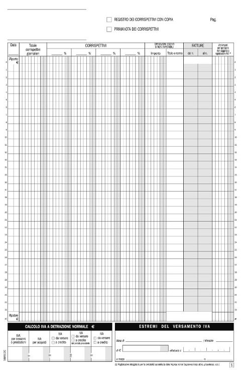 Registro Corrispettivi per dettaglianti, blocco di 12/12 copie autoricalcanti (Misura 29,7x21,5 cm) Data Ufficio (Buffetti)