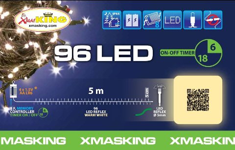 Catena lineare TL 96 LED BIANCO CALDO DIAM.5mm Reflex, Memory Controller integrato nel Porta Batterie Luce Fissa + 7 giochi di luce selezionabili + Off, Timer On-Off 8-16 ore, a Batteria 4xAA 1,5V, uso Esterno, Cavo Verde, Dimensioni 0,5+3,8m, Scatol lotti