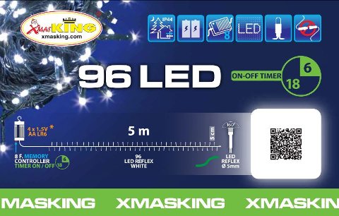 Catena lineare TL 96 LED BIANCO DIAM.5mm Reflex, Memory Controller integrato nel Porta Batterie Luce Fissa + 7 giochi di luce selezionabili + Off, Timer On-Off 8-16 ore, a Batteria 4xAA 1,5V, uso Esterno, Cavo Verde, Dimensioni 0,5+3,8m, Scatola luss lotti