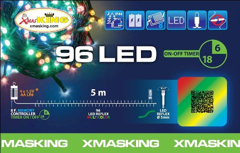 Catena lineare TL 96 LED MULTICOLOR DIAM.5mm Reflex, Memory Controller integrato nel Porta Batterie Luce Fissa + 7 giochi di luce selezionabili + Off, Timer On-Off 8-16 ore, a Batteria 4xAA 1,5V, uso Esterno, Cavo Verde, Dimensioni 0,5+3,8m, Scatola lotti