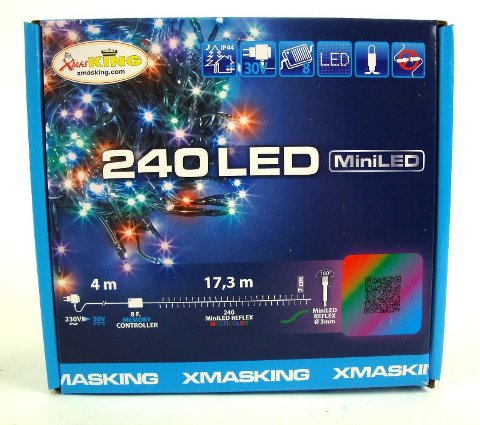 Catena lineare TLG 240 MiniLED MULTICOLOR DIAM.3mm Reflex, Timer Memory Controller 8 giochi di luce selezionabili con Timer On-Off 8-16 ore disinseribile tramite Pulsante Luminoso, uso Esterno, Cavo Verde, Dimensioni 4+17,3m, Scatola lusso color (XKC lotti