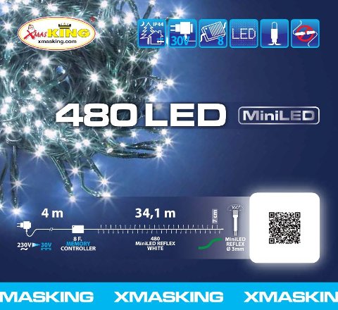 Catena lineare TLG 480 MiniLED BIANCO DIAM.3mm Reflex, Timer Memory Controller 8 giochi di luce selezionabili con Timer On-Off 8-16 ore disinseribile tramite Pulsante Luminoso, uso Esterno, Cavo Verde, Dimensioni 4+34,1m, Scatola lusso color (XKC Art lotti