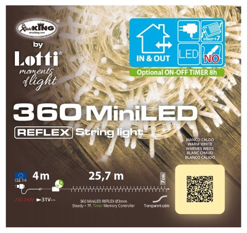 Catena XTLG 360 MiniLED BIANCO CALDO 3mm Controller 8G Timer Trasformatore Esterno Cavo Trasp. 4+25,7m lotti