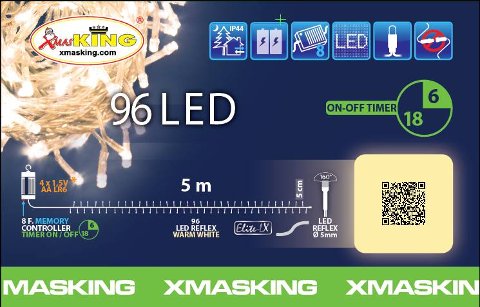 Catena lineare XTL 96 LED BIANCO CALDO DIAM.5mm Reflex, Memory Controller integrato nel Porta Batterie Luce Fissa + 7 giochi di luce selezionabili + Off, Timer On-Off 8-16 ore, a Batteria 4xAA 1,5V, uso Esterno, Cavo Trasparente, Dimensioni 0,5+3,8m, lotti