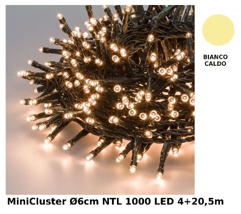 Catena Nastro MiniCluster o6cm NTL 1000 LED BIANCO CALDO 5mm Controller 8G Timer Trasformatore Esterno Cavo Verde 4+20,5m lotti