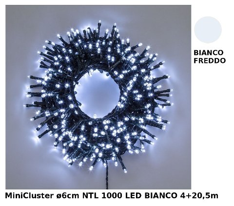 Catena Nastro MiniCluster Diametro 6cm NTL 1000 LED BIANCO 5mm Controller 8G Timer Trasformatore Esterno Cavo Verde 4+20,5m lotti